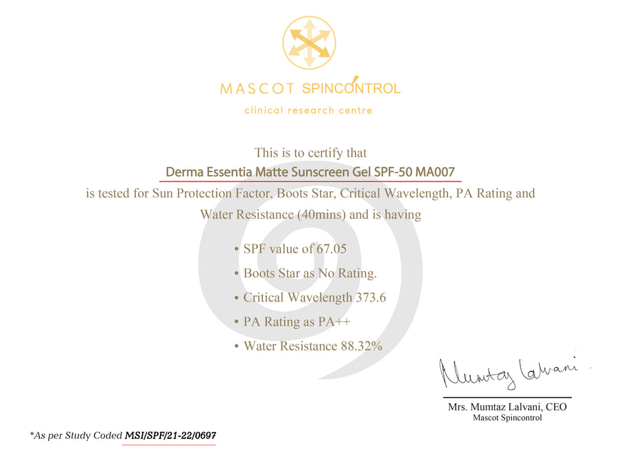 Derma Essentia Matt Sunscreen SPF 50 Certificate